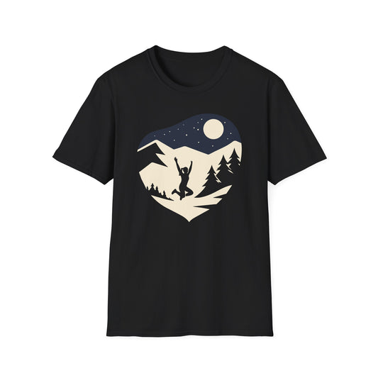 Woman Leaping Under Moonlit Mountains With Starry Sky Unisex T-Shirt