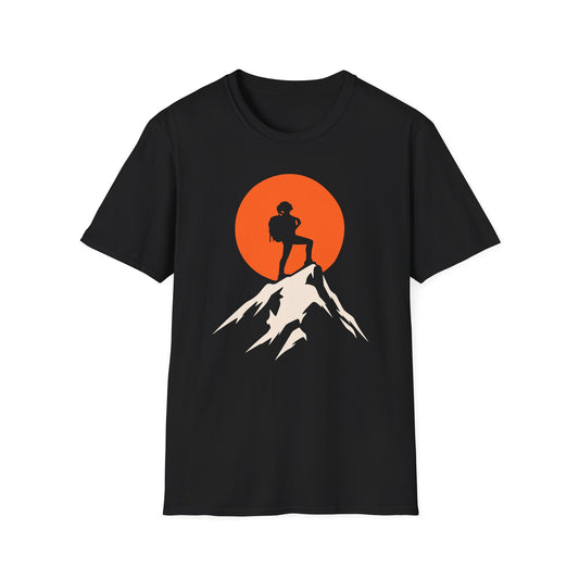 Woman Hiking on Mountain Peak with Sunset Unisex T-Shirt