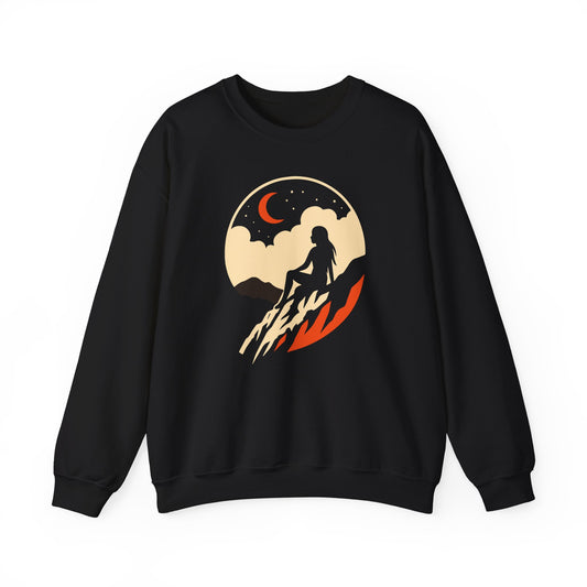 Woman Seated Under Crescent Moon At Starry Night Cliff Unisex Sweatshirt