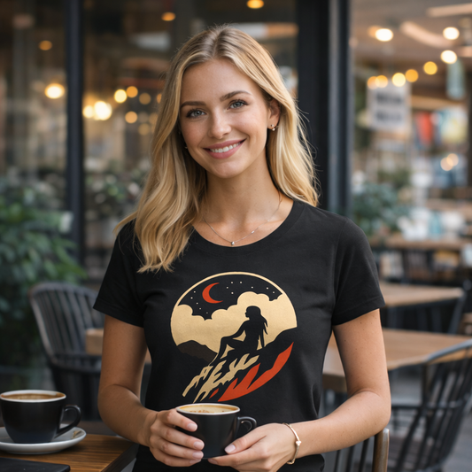 Woman Seated Under Crescent Moon At Starry Night Cliff Unisex T-Shirt