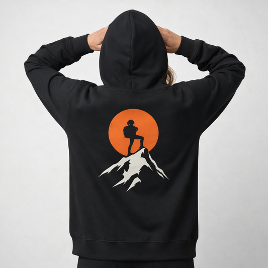 Woman Hiking on Mountain Peak with Sunset Unisex Hoodie