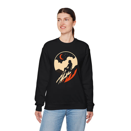 Woman Seated Under Crescent Moon At Starry Night Cliff Unisex Sweatshirt