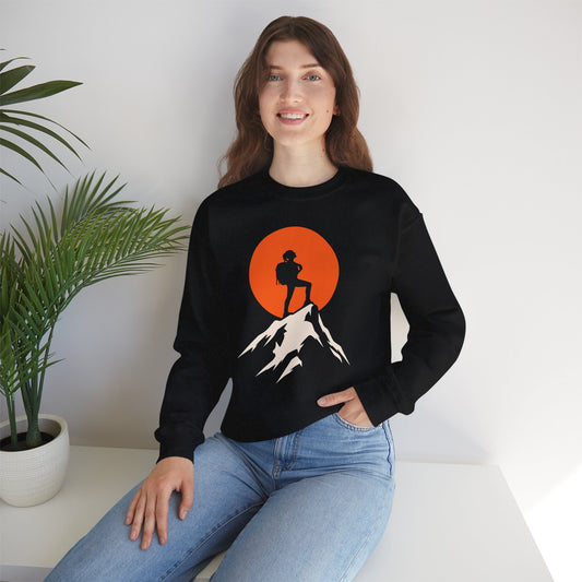 Woman Hiking on Mountain Peak with Sunset Unisex Sweatshirt
