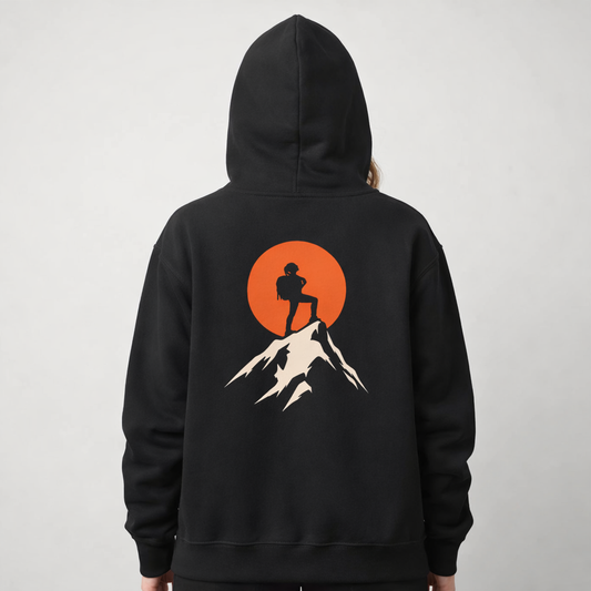 Woman Hiking on Mountain Peak with Sunset Unisex Hoodie